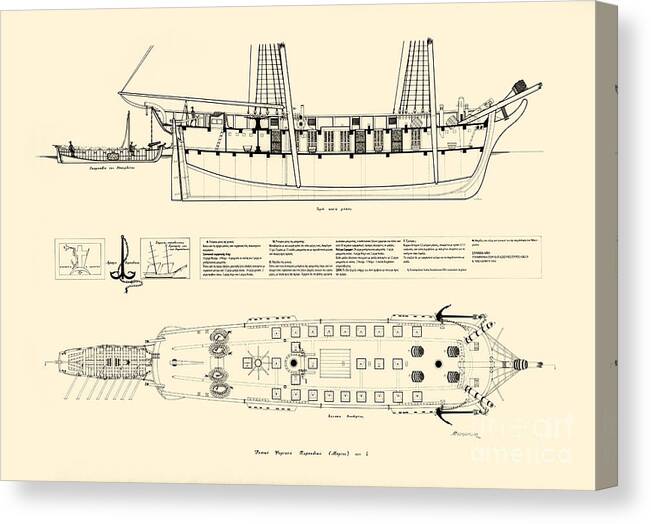 Historic Vessels Canvas Print featuring the drawing Typical fireship of Psara - 1821 by Panagiotis Mastrantonis