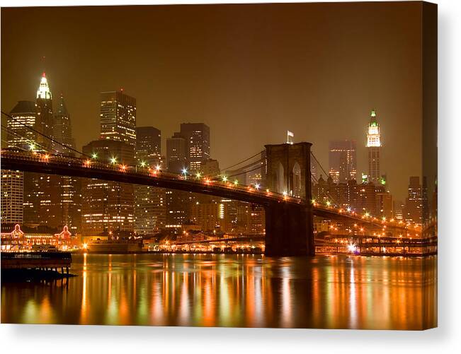 Architecture Canvas Print featuring the photograph Brooklyn Bridge and Downtown Manhattan by Val Black Russian Tourchin