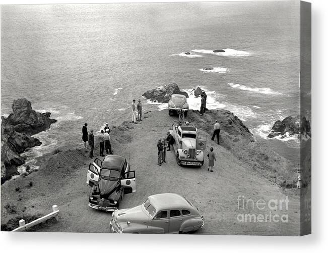 Car Canvas Print featuring the photograph Car over edge on Highway One Big Sur California  March 27 1947 by Monterey County Historical Society