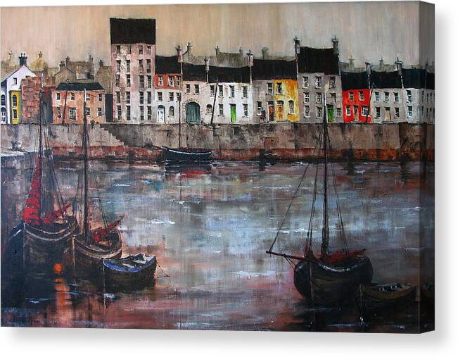 Val Byrne Canvas Print featuring the painting Cladagh Harbour in Galway by Val Byrne