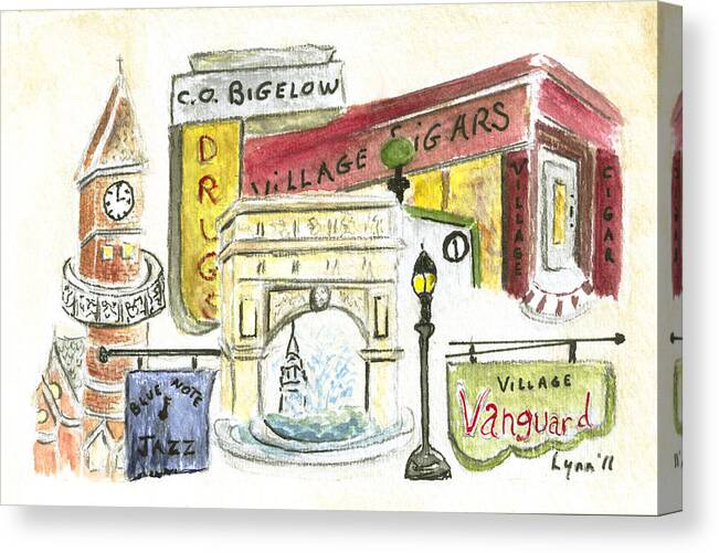 Greenwich Village Collage C.o. Bigelow Vanguard Village Cigar Jefferson Market Library Blue Note Nyc Canvas Print featuring the painting Greenwich Village Collage by AFineLyne
