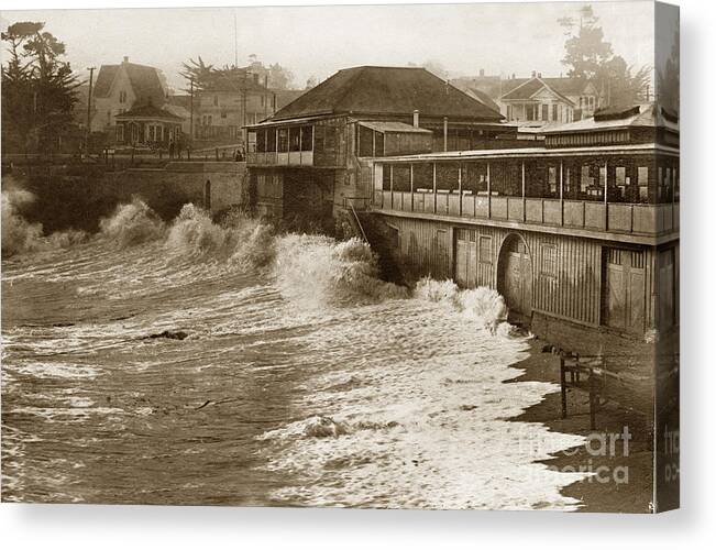 High Tide Canvas Print featuring the photograph High tide and big waves at Lovers Point Beach Pacific Grove California circa 1907 by Monterey County Historical Society