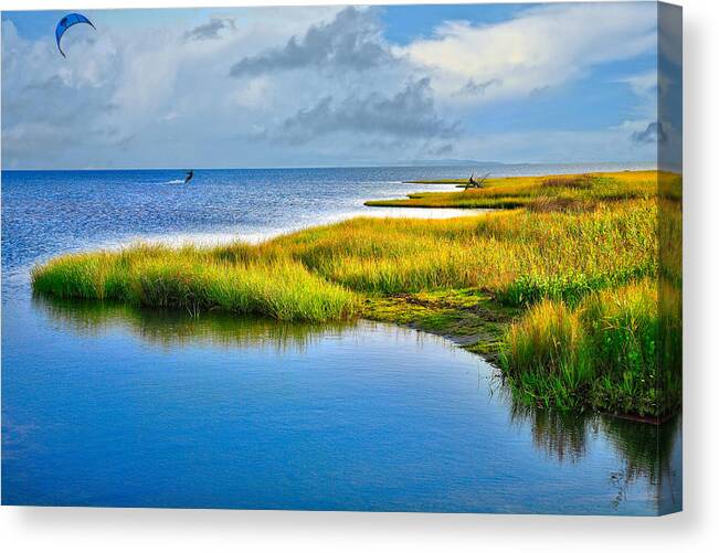 Outer Banks Canvas Print featuring the photograph Kitesurfing on Ocracoke Outer Banks by Dan Carmichael