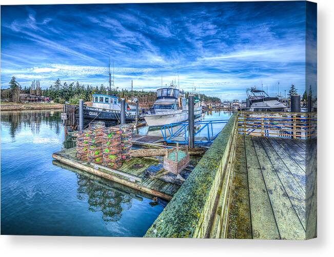 Sky Canvas Print featuring the photograph La Conner Crab Pots by Spencer McDonald