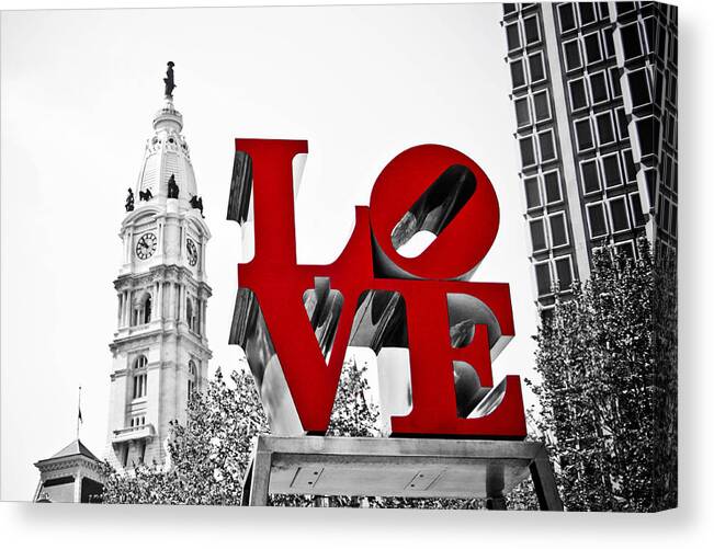 Love Park Canvas Print featuring the photograph Love Park and City Hall BW by Stacey Granger