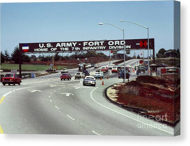 7th Inf. Div Canvas Print featuring the photograph Main Gate 7th Inf. Div Fort Ord Army Base Monterey Calif. 1984 Pat Hathaway Photo by Monterey County Historical Society