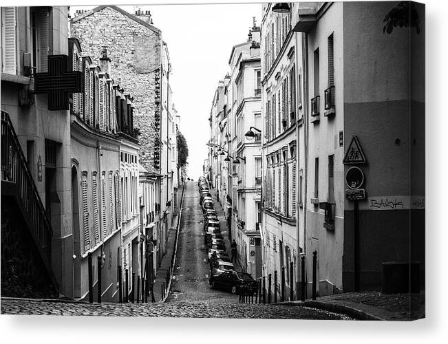 Narrow Canvas Print featuring the photograph Narrow Montmartre Cobbled Street by Georgia Clare