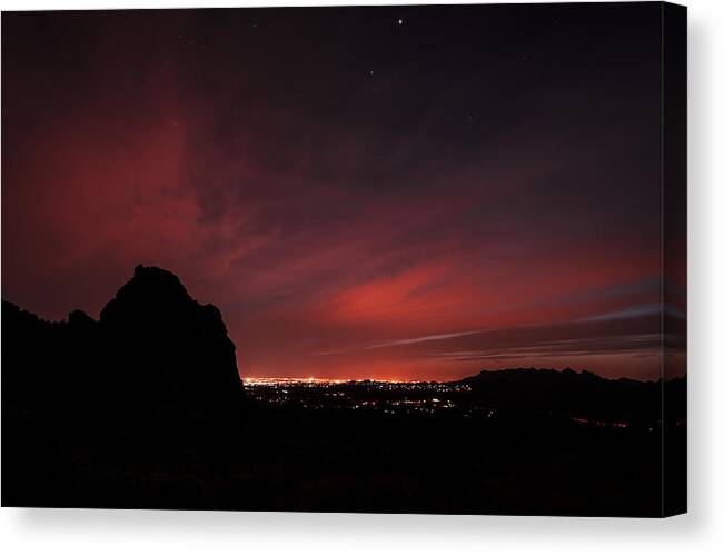 The City Lights Of Apache Junction And Phoenix Arizona As Seen From The Lost Dutchman State Park Flatiron In The Superstition Mountains Canvas Print featuring the photograph Night Lights by Anthony Citro