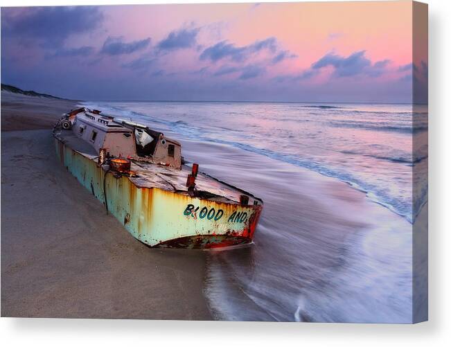 Sunrise Canvas Print featuring the photograph Summer Sunrise Shipwreck on Outer Banks I by Dan Carmichael