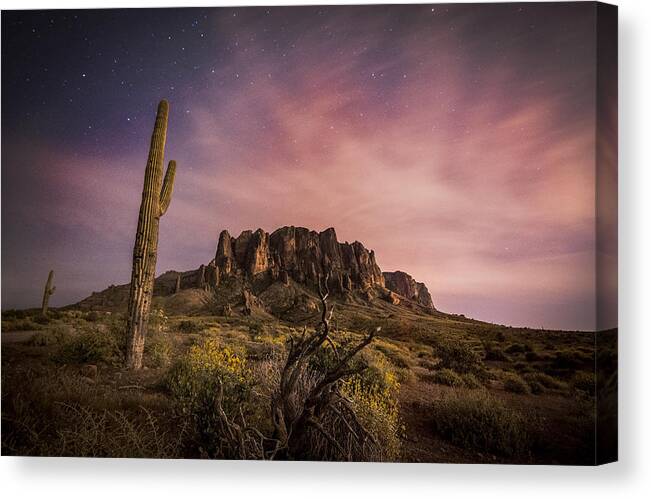 A Night Photograph Of The Flatiron During Springtime With Saguaro Cactus In The Superstition Mountains Apache Junction Arizona Canvas Print featuring the photograph The Flatiron by Anthony Citro