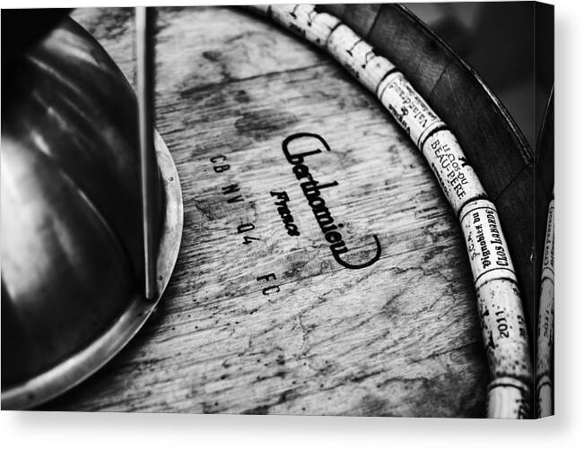 Wine Corks Canvas Print featuring the photograph Wine Corks and Spittoon BW by Georgia Clare