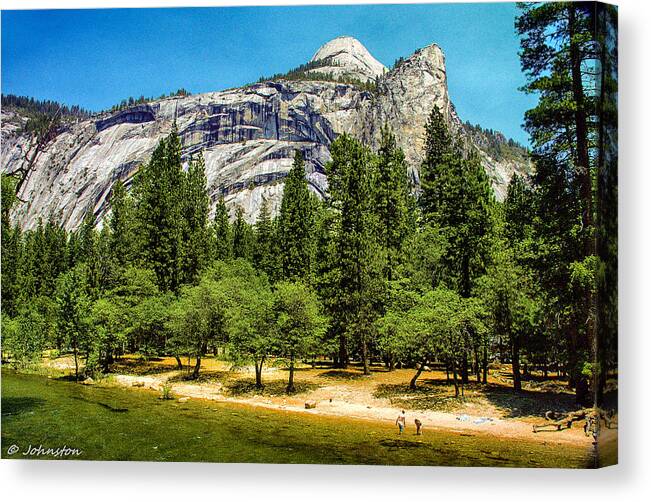 Beautiful Canvas Print featuring the painting Yosemite Valley along Yosemite River Beach #2 by Bob and Nadine Johnston