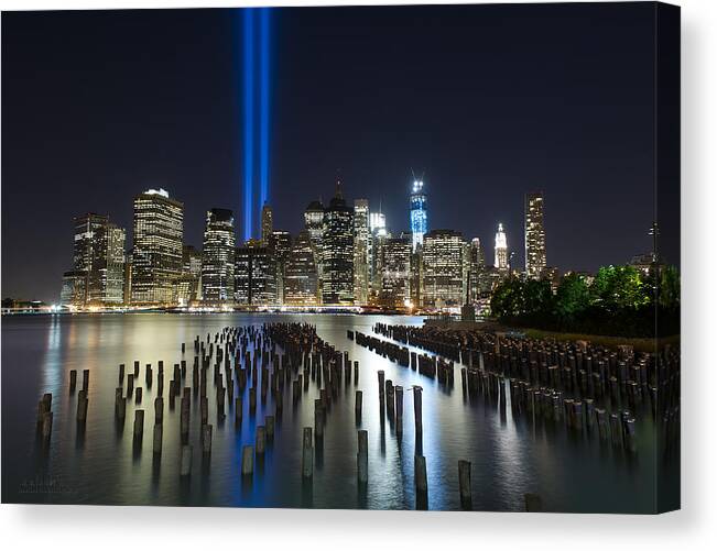  New York Photographs Canvas Print featuring the photograph NYC - Tribute Lights - The Pilings by Shane Psaltis