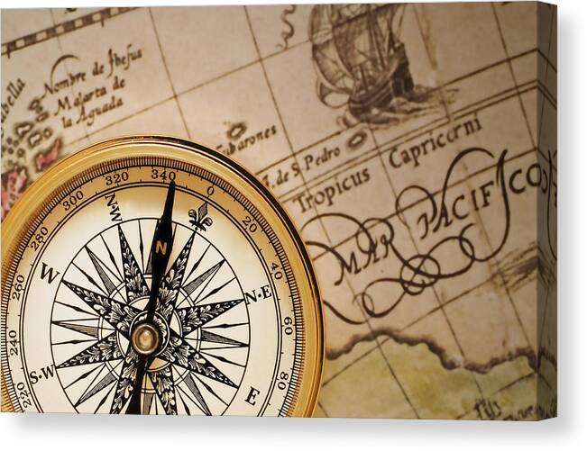 Compass Canvas Print featuring the photograph Compass and Antique Map #1 by Douglas Pulsipher