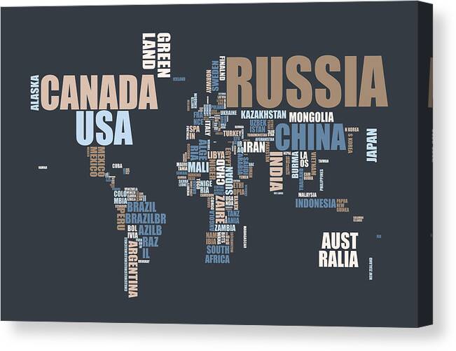 World Map Canvas Print featuring the digital art World Map in Words by Michael Tompsett