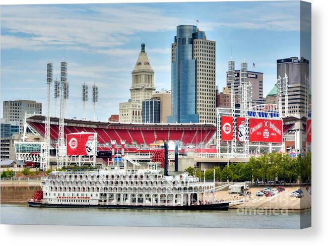 Steamboat Pictures Canvas Print featuring the photograph Baseball And Boats In Cincinnati by Mel Steinhauer