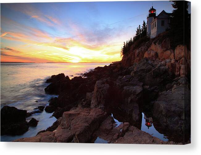 Bass Harbor Lighthouse Canvas Print featuring the photograph Bass Harbor Lighthouse Sunset Seascape by Roupen Baker