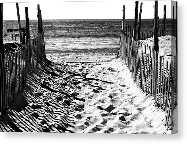 Beach Entry Canvas Print featuring the photograph Beach Entry Black and White Long Beach Island by John Rizzuto