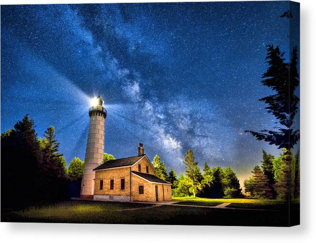 Door County Canvas Print featuring the painting Cana Island Lighthouse Milky Way in Door County Wisconsin by Christopher Arndt