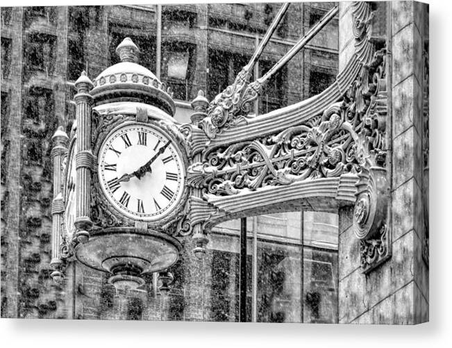 Chicago Canvas Print featuring the photograph Chicago Marshall Field State Street Clock Black and White by Christopher Arndt