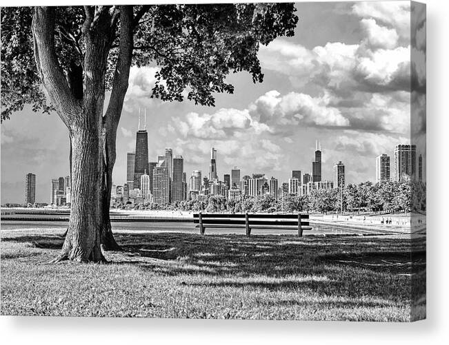 Chicago Canvas Print featuring the photograph Chicago North Skyline Park Black and White by Christopher Arndt