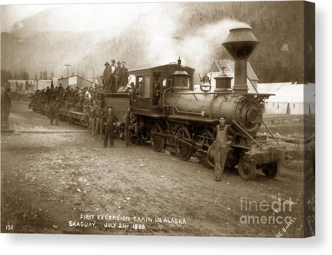 First Canvas Print featuring the photograph First Excursion train in Alaska Skagway	July 21, 1898 by Monterey County Historical Society