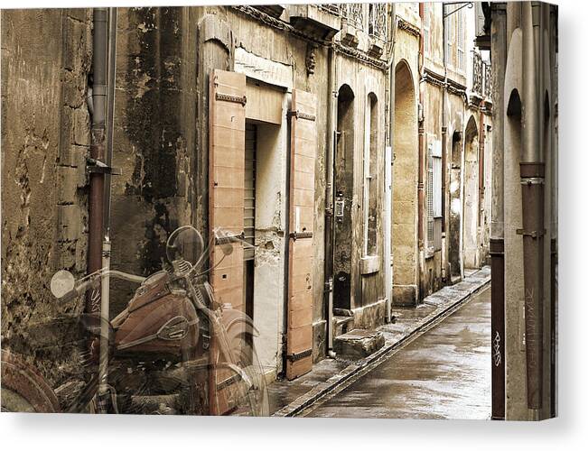 Harley Davidson Canvas Print featuring the photograph Ghost Harley on Narrow Street by Gary Gunderson