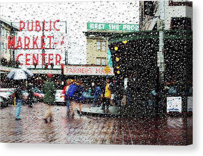 Seattle Canvas Print featuring the photograph Market in rain J005 by Yoshiki Nakamura