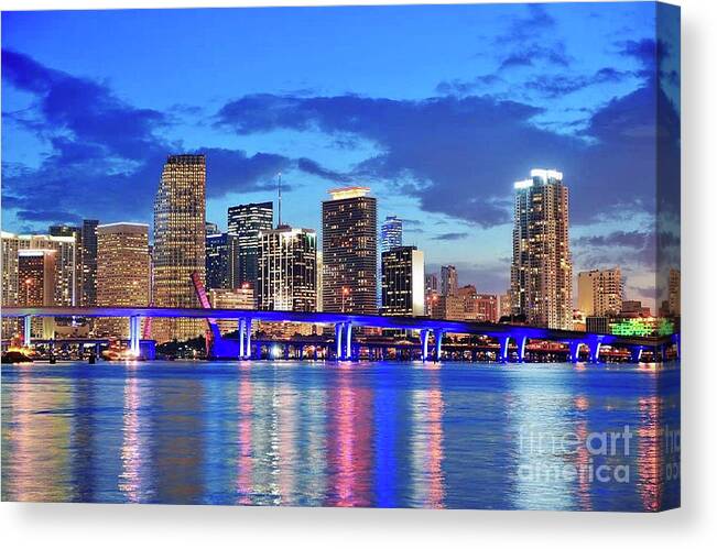 Automotive Canvas Print featuring the photograph Miami Nightlights by EliteBrands Co