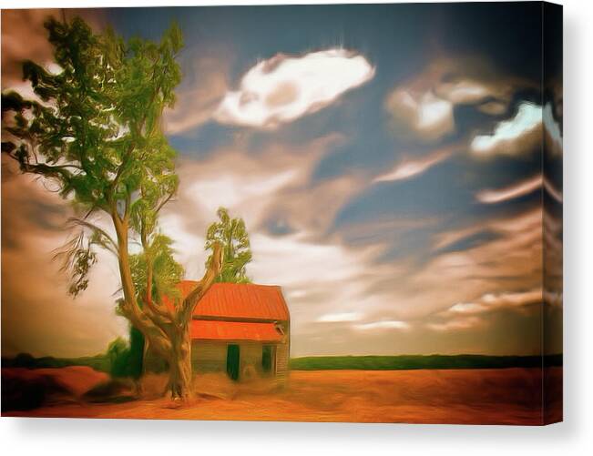 Rural Canvas Print featuring the painting Old Rustic Vintage Farm House and Tree AP by Dan Carmichael