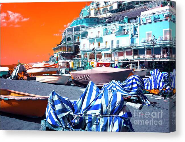 Positano Beach Pop Art Canvas Print featuring the photograph Positano Beach Pop Art by John Rizzuto