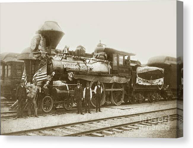 Southern Pacific Canvas Print featuring the photograph Southern Pacific. R/R locomotive /engine # 225 at Pacific Grove circa 1888 by Monterey County Historical Society