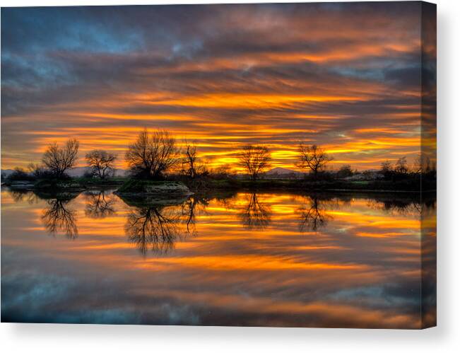 Hdr Canvas Print featuring the photograph Sunrise Reflection in the River by Connie Cooper-Edwards