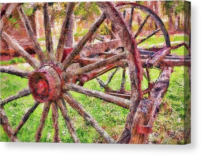 North Carolina Canvas Print featuring the painting Vintage Wooden Wagon Wheel at Mabry Mill AP by Dan Carmichael