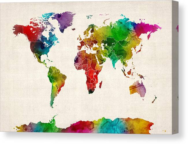 World Map Canvas Print featuring the digital art Watercolor Map of the World Map by Michael Tompsett