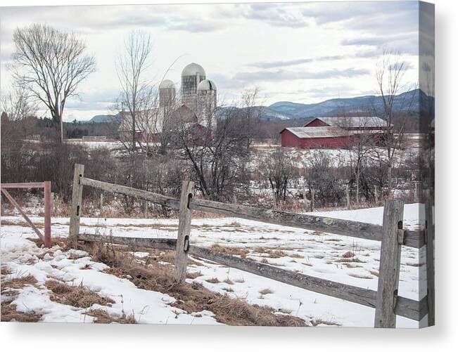 Red Barn In Snow Canvas Print featuring the photograph Farm in Winter - Vermont by Joann Vitali