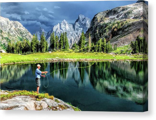 Teton Canvas Print featuring the painting Grand Teton National Park Mountain Lake Fishing by Christopher Arndt