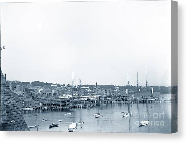 Pendleton Shipyard Canvas Print featuring the photograph Three Vessels on  the Ways Pendleton shipyard in Belfast, Main by Monterey County Historical Society