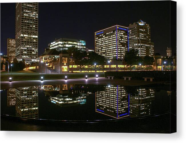 Skyline Reflections Canvas Print featuring the photograph Reflections in the Fountain Pond #1 by Deb Beausoleil