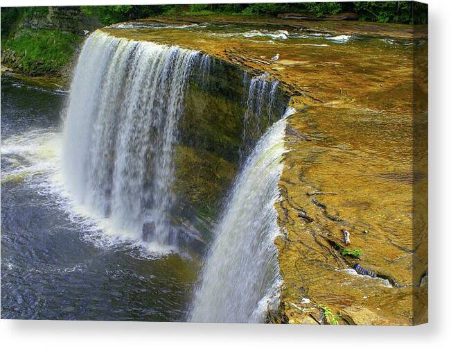 Tahquamenon Falls State Park Canvas Print featuring the photograph At the Brink of the Upper Falls by Deb Beausoleil