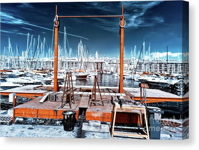 Boat Lift In The Port Canvas Print featuring the photograph Boat Lift Infrared at the Vieux Port Marseille by John Rizzuto