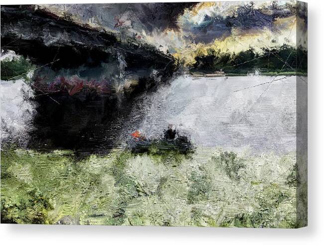 Abstract Expressionism Canvas Print featuring the mixed media Bridge River Fishing/Abstract Expressionism by Aleksandrs Drozdovs