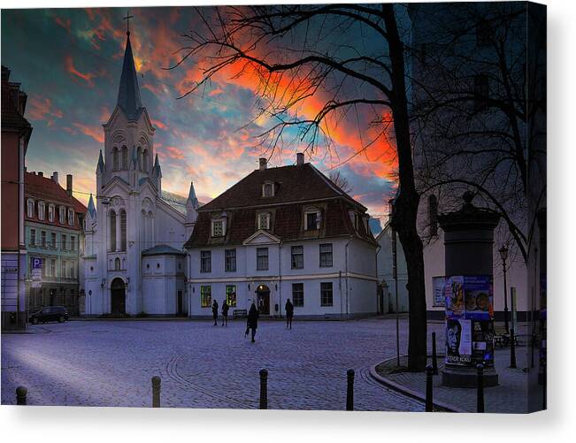 Capital City Canvas Print featuring the photograph Evening In Old Riga Latvia by Aleksandrs Drozdovs