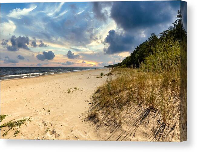 Beach Photography Canvas Print featuring the photograph Evening on the summer beach Latvia by Aleksandrs Drozdovs