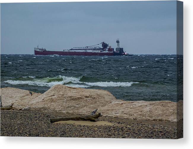 Lake Superior Canvas Print featuring the photograph Freighter at Whitefish Point by Deb Beausoleil