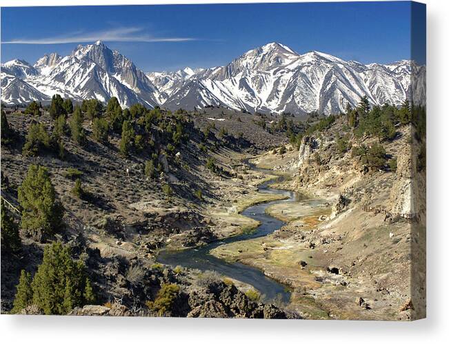 Hot Creek Canvas Print featuring the photograph Hot Creek and Snow Peaked Sherwin Range by Bonnie Colgan