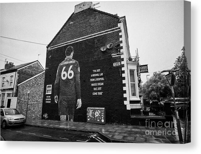 Liverpool Fc Canvas Print featuring the photograph Liverpool FC Player Trent Alexander-arnold Wall Mural Sybil Road Near Anfield Liverpool England Uk by Joe Fox