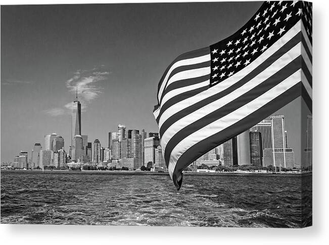 New York Canvas Print featuring the photograph New York City Manhattan Skyline Ferry Flag Black and White by Christopher Arndt