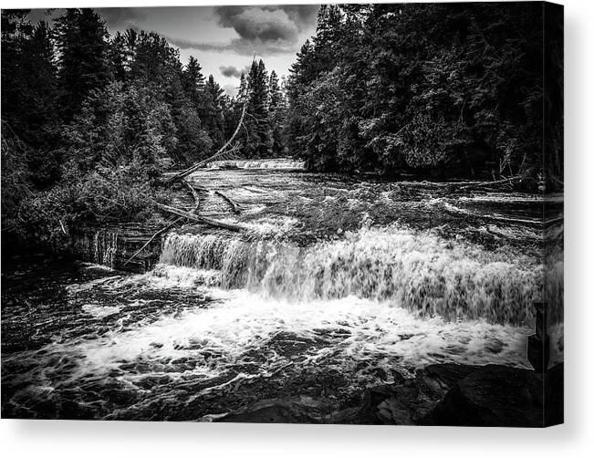 Tahquamenon Falls State Park Canvas Print featuring the photograph Tahquamenon Lower Falls in Black and White by Deb Beausoleil