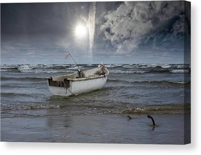 Seascape #nature Photography #jurmala Nature #lonely Boat #time To Raise Anchors #blue Sky #winter Sunshine #fisherman Wharf # Canvas Print featuring the photograph Time To Raise Anchors Latvia by Aleksandrs Drozdovs